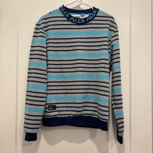 Aldi Gear Mens Striped Sweatshirt Blue Grey Logo Mock‎ Neck Pullover Size M